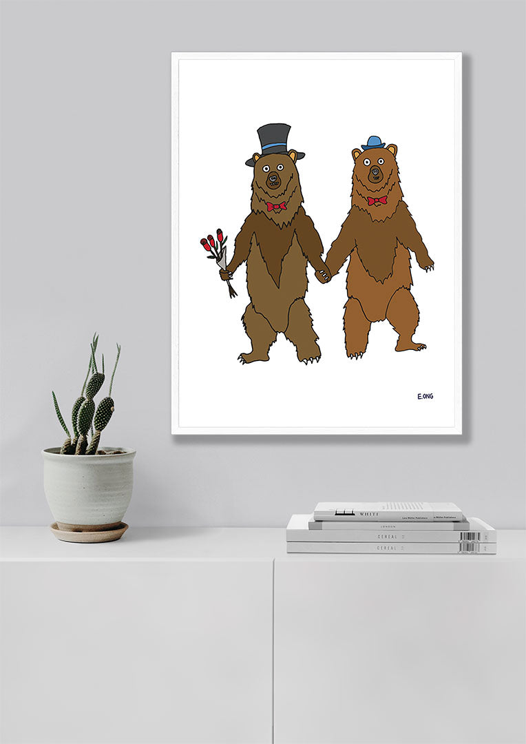 Drawing of bears holding hands by artist E. Ong