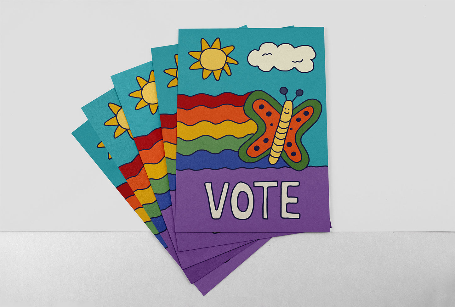 4x6 voter outreach postcard featuring a colorful rainbow butterfly with the hand-lettered word “VOTE” by Erwin Ong.