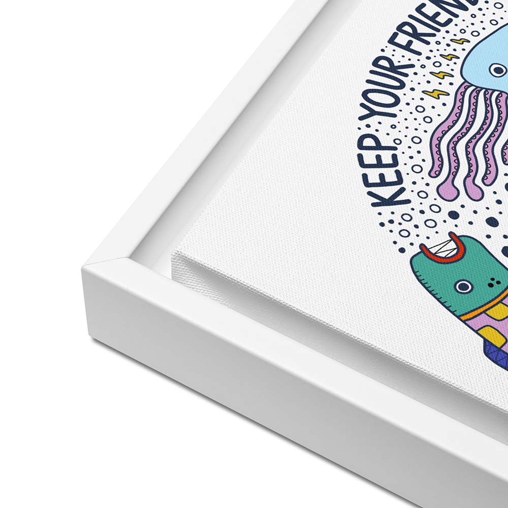 Closeup of artwork: mermaid hugging sea anemone surrounded by colorful ocean creatures with the phrase “Keep your friends close and your sea anemones closer” – framed square canvas wall art