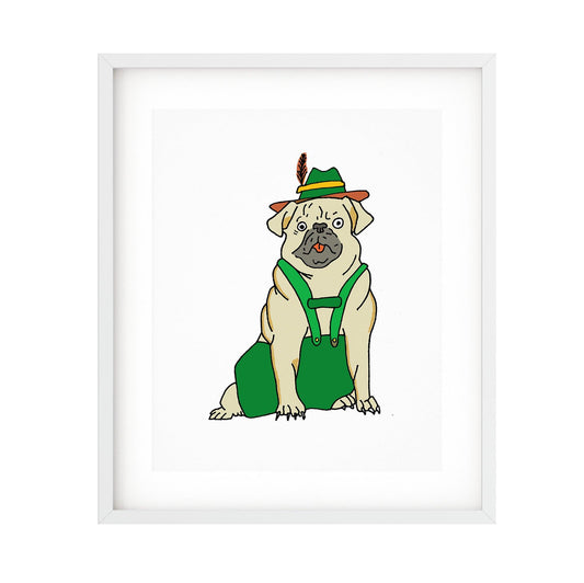 Whimsical illustration of a pug wearing green lederhosen and a Bavarian hat with a feather, drawn in a playful cartoon style by artist Erwin Ong – perfect for nursery or office wall art.