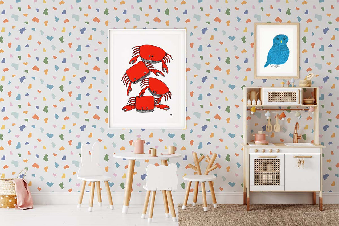 Nursery Wall with Crab Art Print and Curly Owl Print