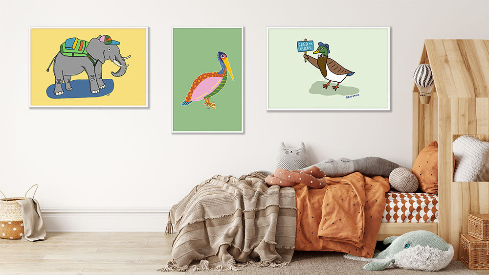 Animal-themed nursery featuring Duck Amuck art prints.