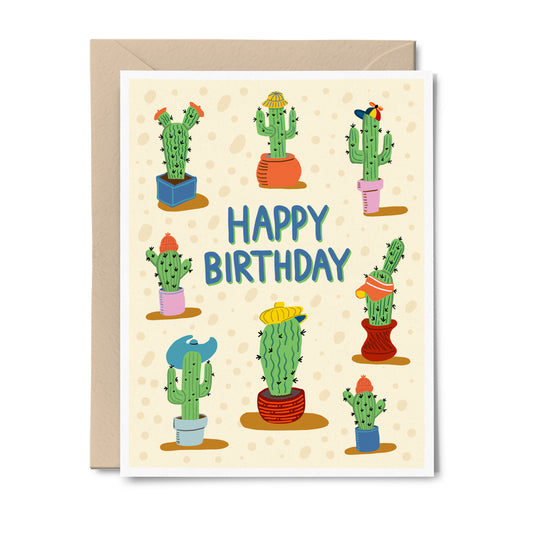 Cactuses in Hats - Happy Birthday Greeting Card