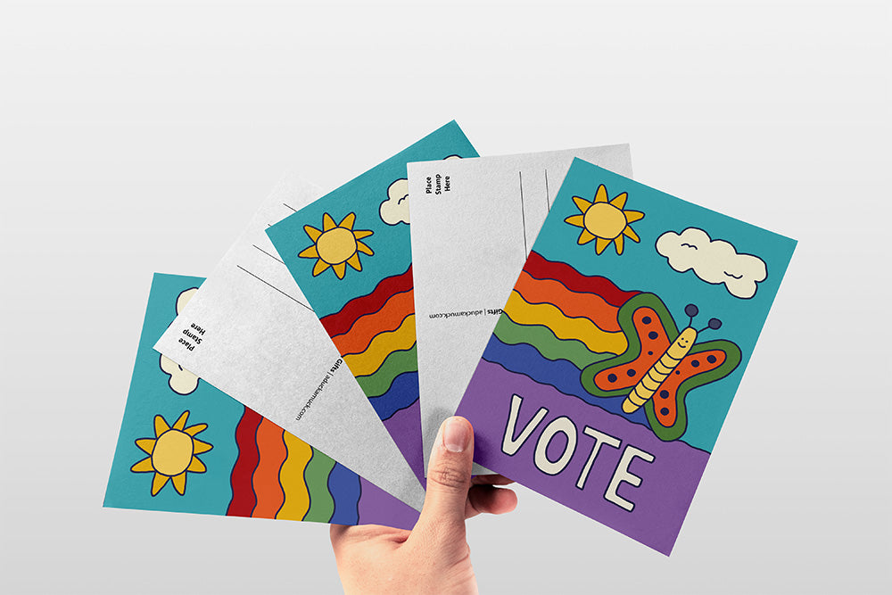 4x6 voter outreach postcard featuring a colorful rainbow butterfly with the hand-lettered word “VOTE” by Erwin Ong.