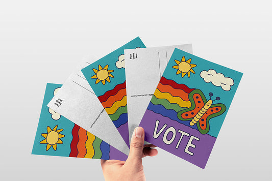 4x6 voter outreach postcard featuring a colorful rainbow butterfly with the hand-lettered word “VOTE” by Erwin Ong.