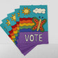 4x6 voter outreach postcard featuring a colorful rainbow butterfly with the hand-lettered word “VOTE” by Erwin Ong.