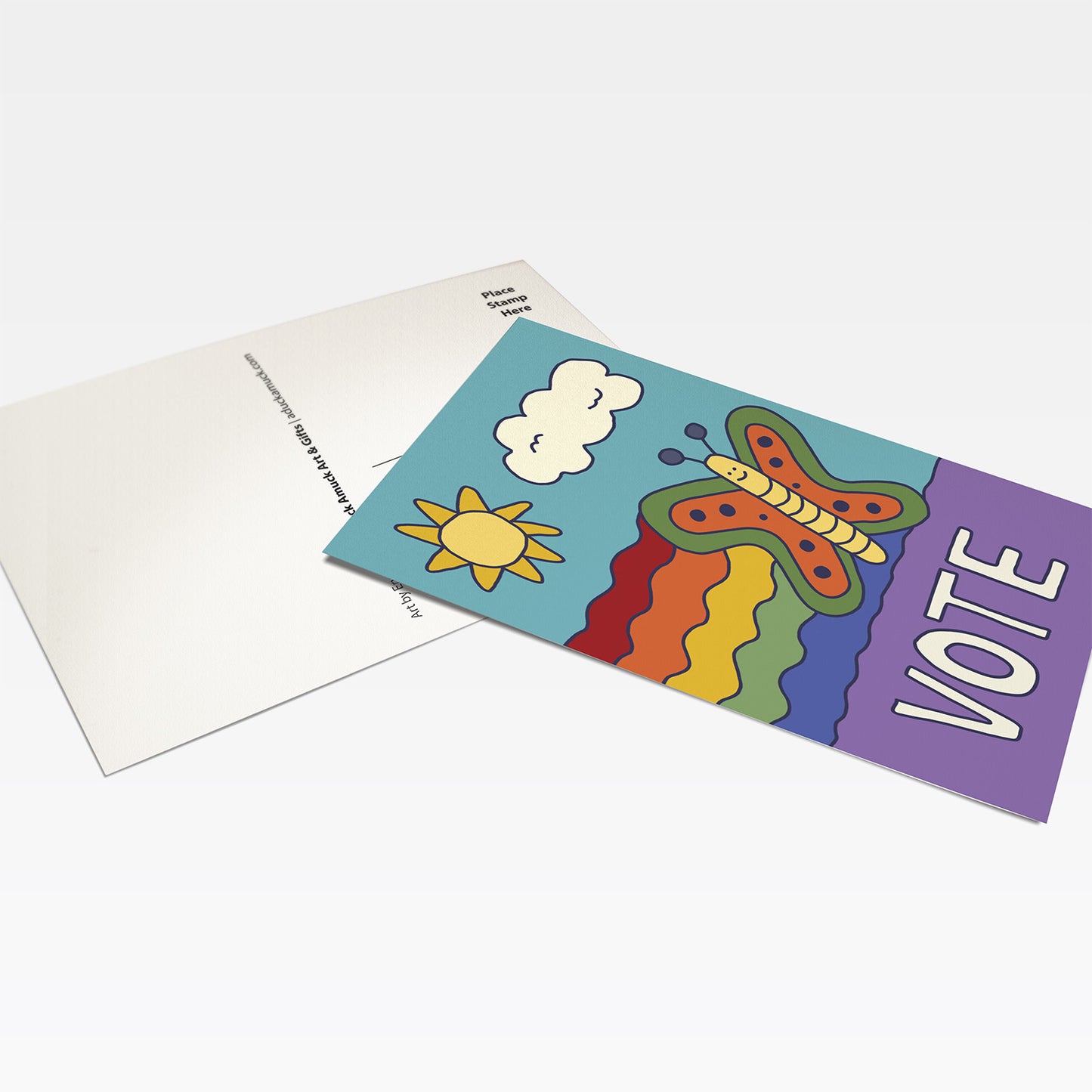 4x6 voter outreach postcard featuring a colorful rainbow butterfly with the hand-lettered word “VOTE” by Erwin Ong.