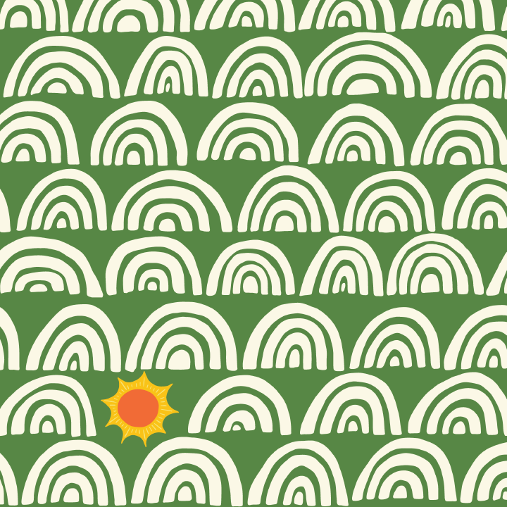 Repeat Pattern of half-concentric circles reminiscent of a notebook doodle - white and green background with yellow and orange sun