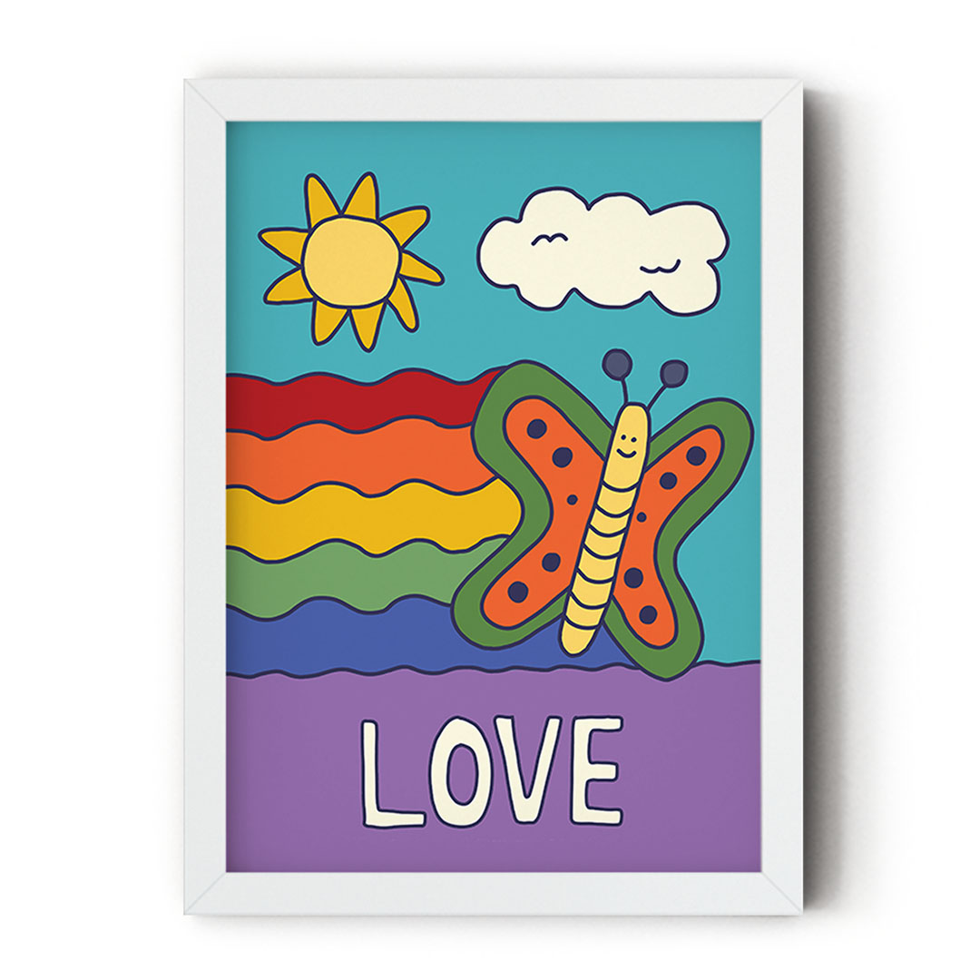 Colorful butterfly art print featuring the hand-lettered word “LOVE,” illustrated by Erwin Ong.