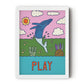 Colorful whale art print featuring an illustrated whale and the hand-lettered word “PLAY” by Erwin Ong.