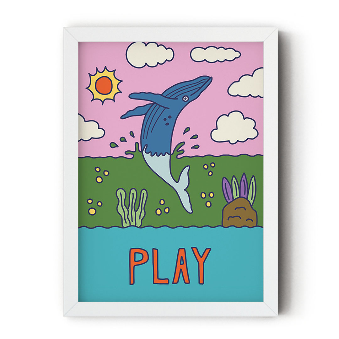 Colorful whale art print featuring an illustrated whale and the hand-lettered word “PLAY” by Erwin Ong.