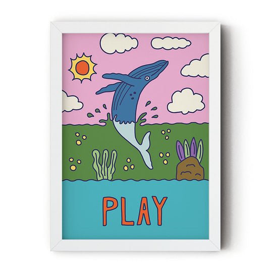 Colorful whale art print featuring an illustrated whale and the hand-lettered word “PLAY” by Erwin Ong.