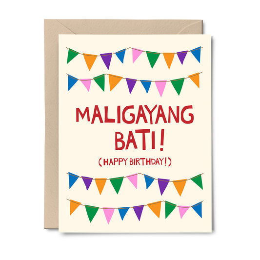 Birthday card reading “Maligayang Bati” in colorful hand-cut paper letters with festive bunting inspired by Filipino celebrations.