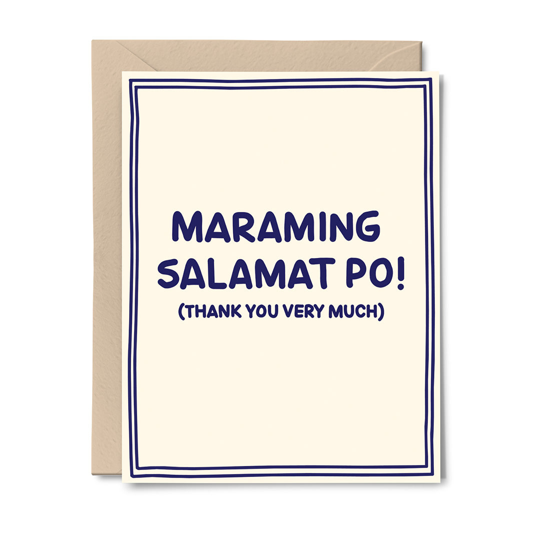 Greeting card reading “Maraming Salamat Po! (Thank you very much)” in dark blue hand lettering surrounded by two rectangular blue borders.