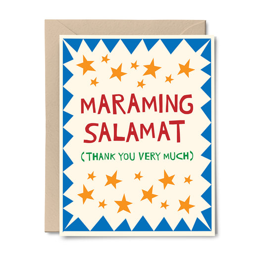Tagalog-English thank you card reading “Maraming Salamat (Thank You Very Much)” in red and green cut-paper lettering with yellow stars.