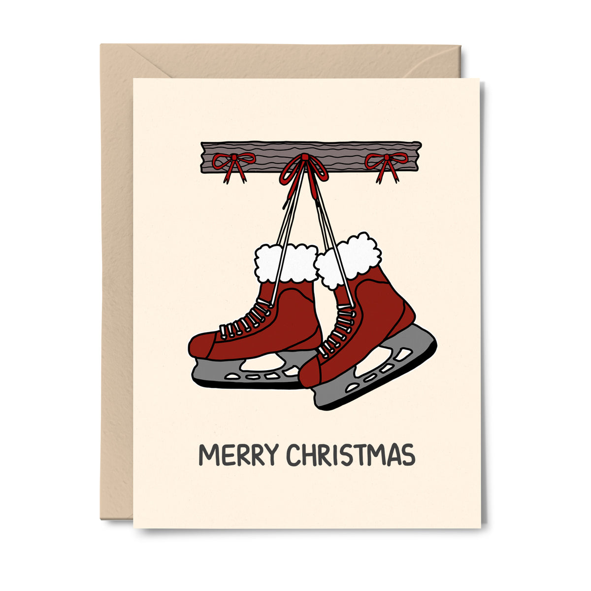 Christmas greeting card featuring red hockey skates with fluffy white stocking-inspired trim and the words “Merry Christmas.”