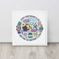 Mermaid hugging sea anemone surrounded by colorful ocean creatures with the phrase “Keep your friends close and your sea anemones closer” – framed square canvas wall art in white floating frame leaning against a wall